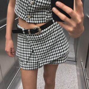 Zara Belted Textured Skort Houndstooth Black & off white NWT